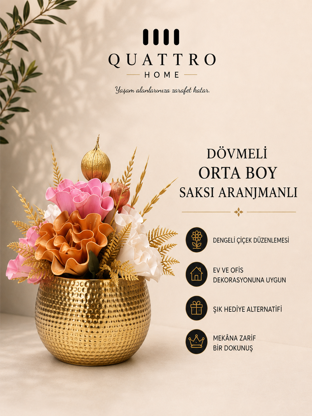 Dövmeli Orta Boy Saksı Aranjmanlı - Gold Pembe