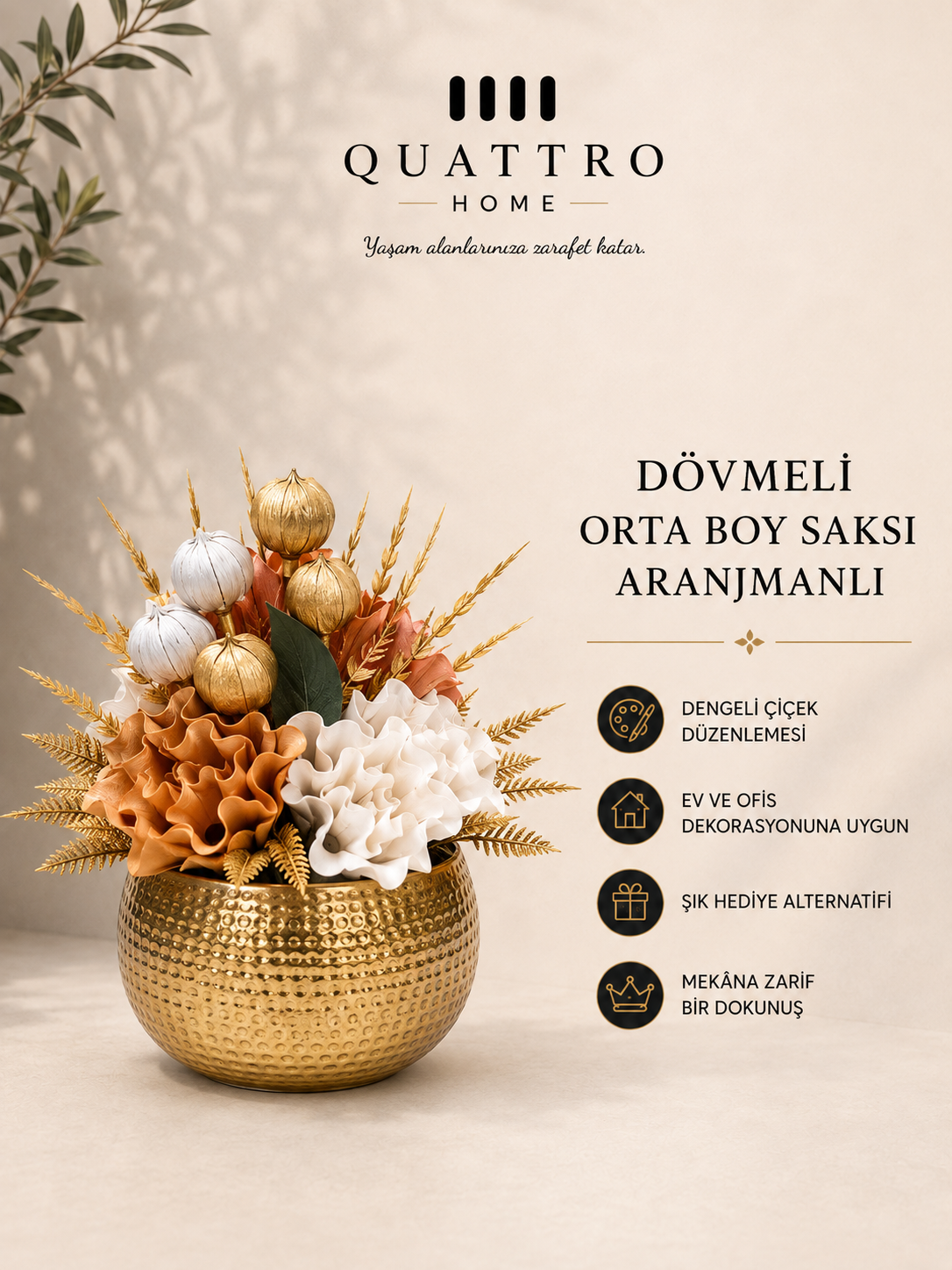 Dövmeli Orta Boy Saksı Aranjmanlı - Gold Turuncu