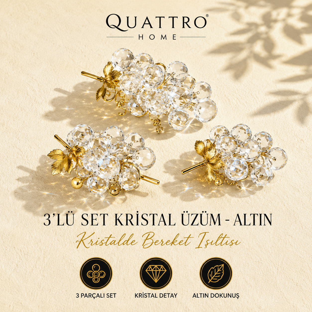3'lü Set Kristal Üzüm - Altın