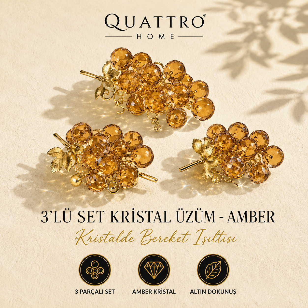 3'lü Set Kristal Üzüm - Amber