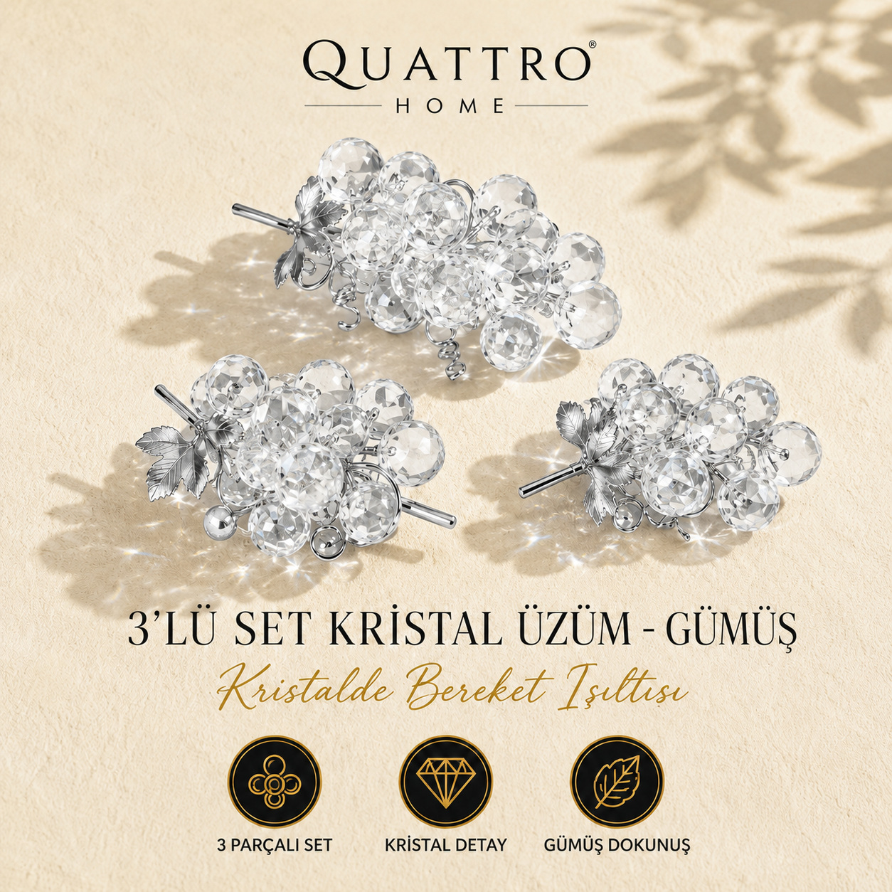 3'lü Set Kristal Üzüm - Gümüş
