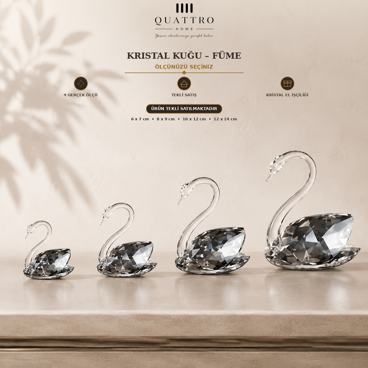 Ölçü Seçenekli Kristal Kuğu - Füme