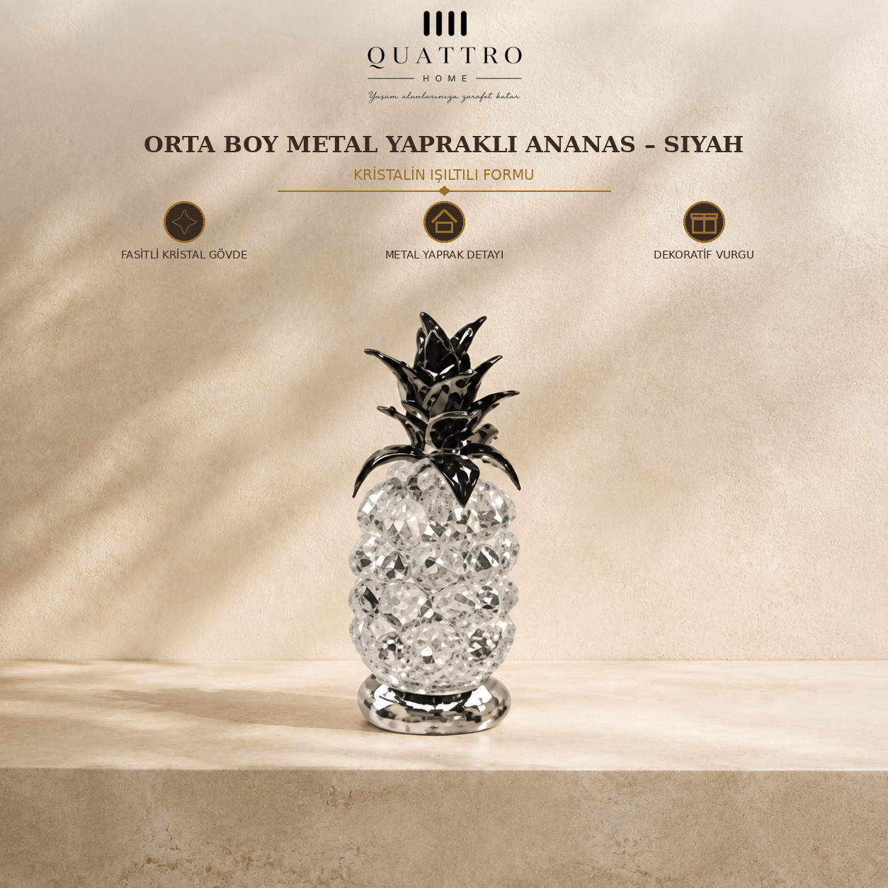 Orta Boy Metal Yapraklı Ananas - Siyah