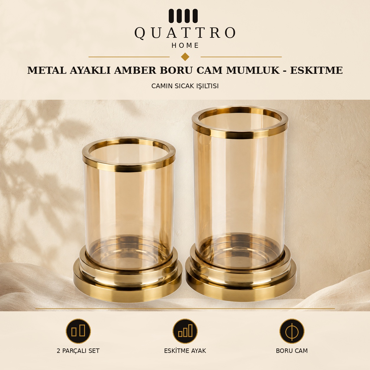 Metal Ayaklı Amber Boru Cam Mumluk - Eskitme