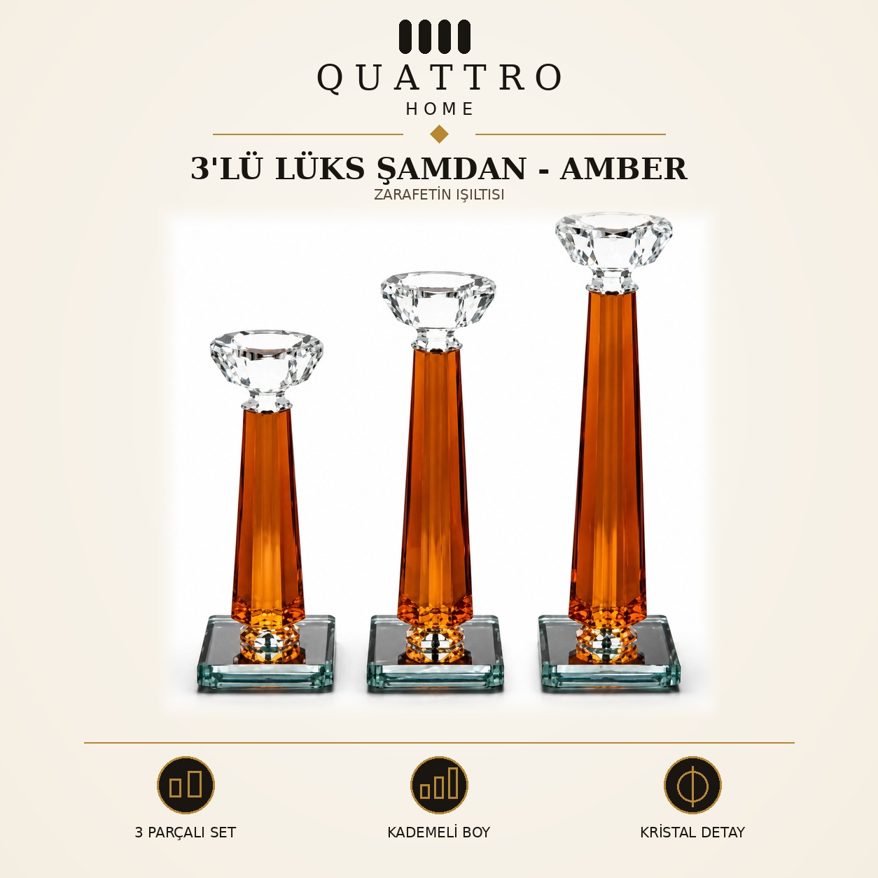 3'lü Lüks Şamdan - Amber