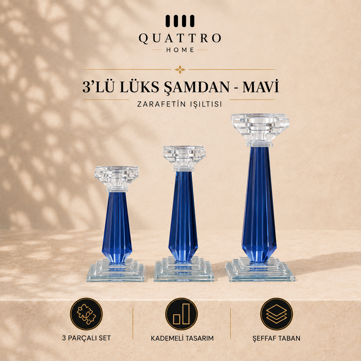 3'lü Lüks Şamdan - Mavi