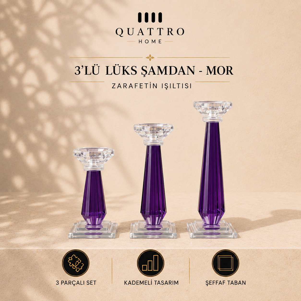 3'lü Lüks Şamdan - Mor