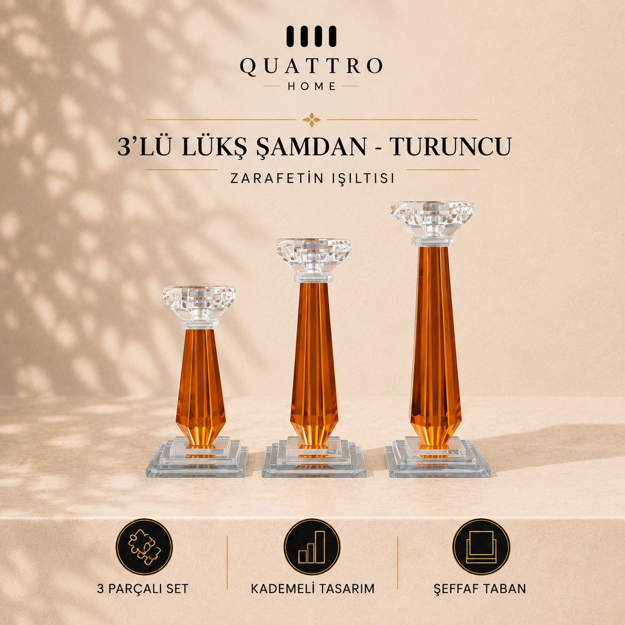 3'lü Lüks Şamdan - Turuncu