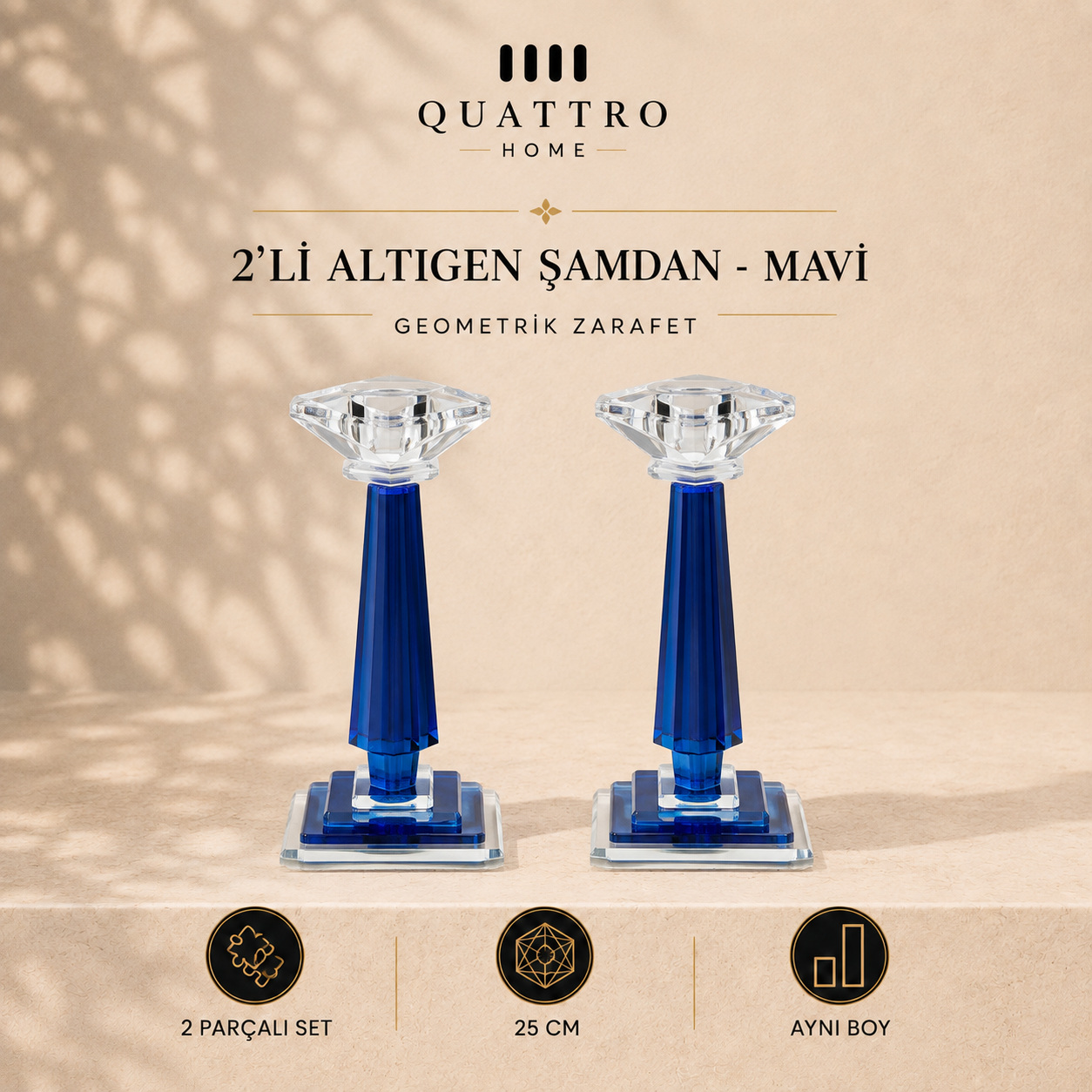 2'li Altıgen Şamdan 25 cm - Mavi