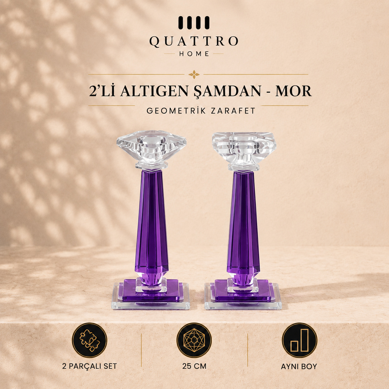 2'li Altıgen Şamdan 25 cm - Mor