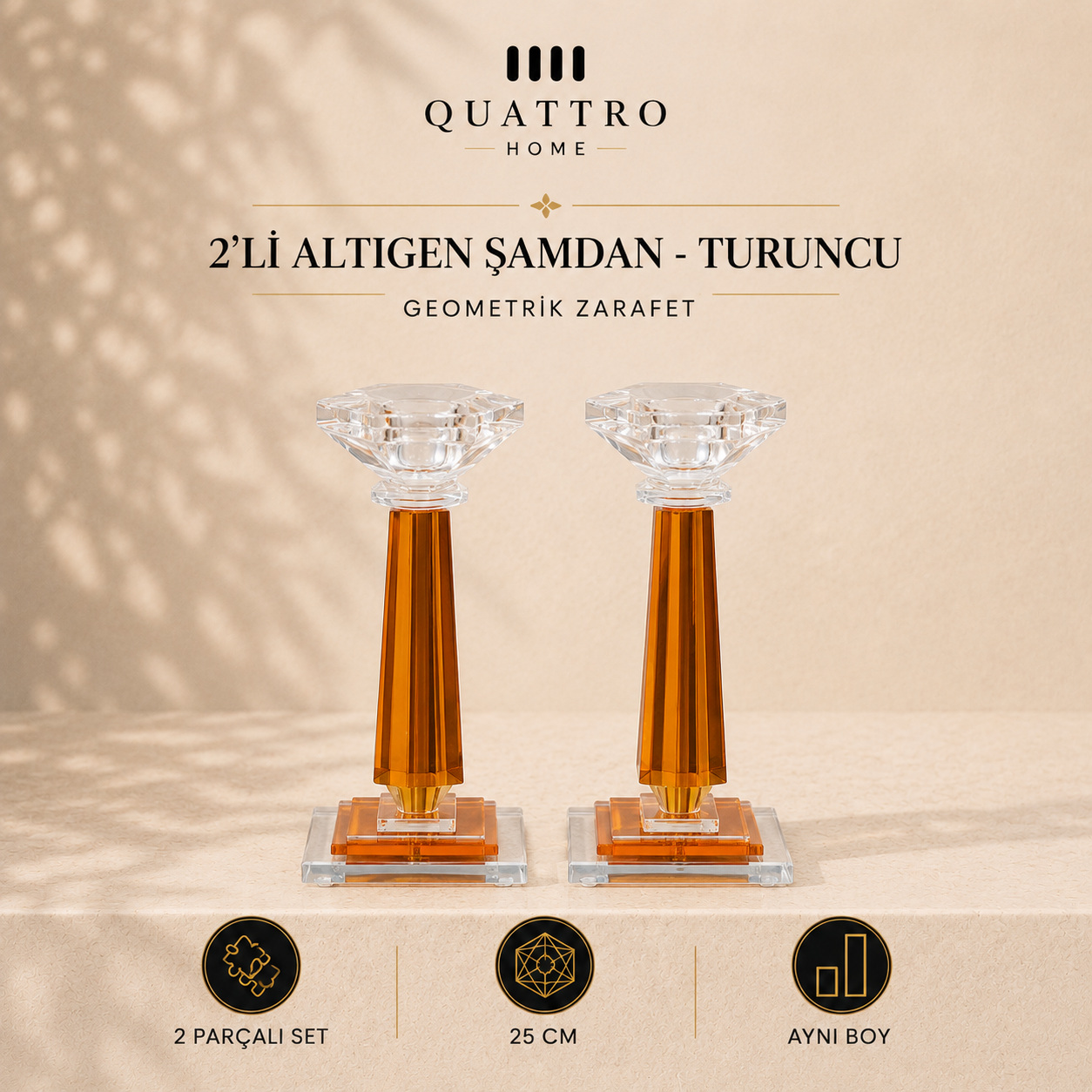 2'li Altıgen Şamdan 25 cm - Turuncu