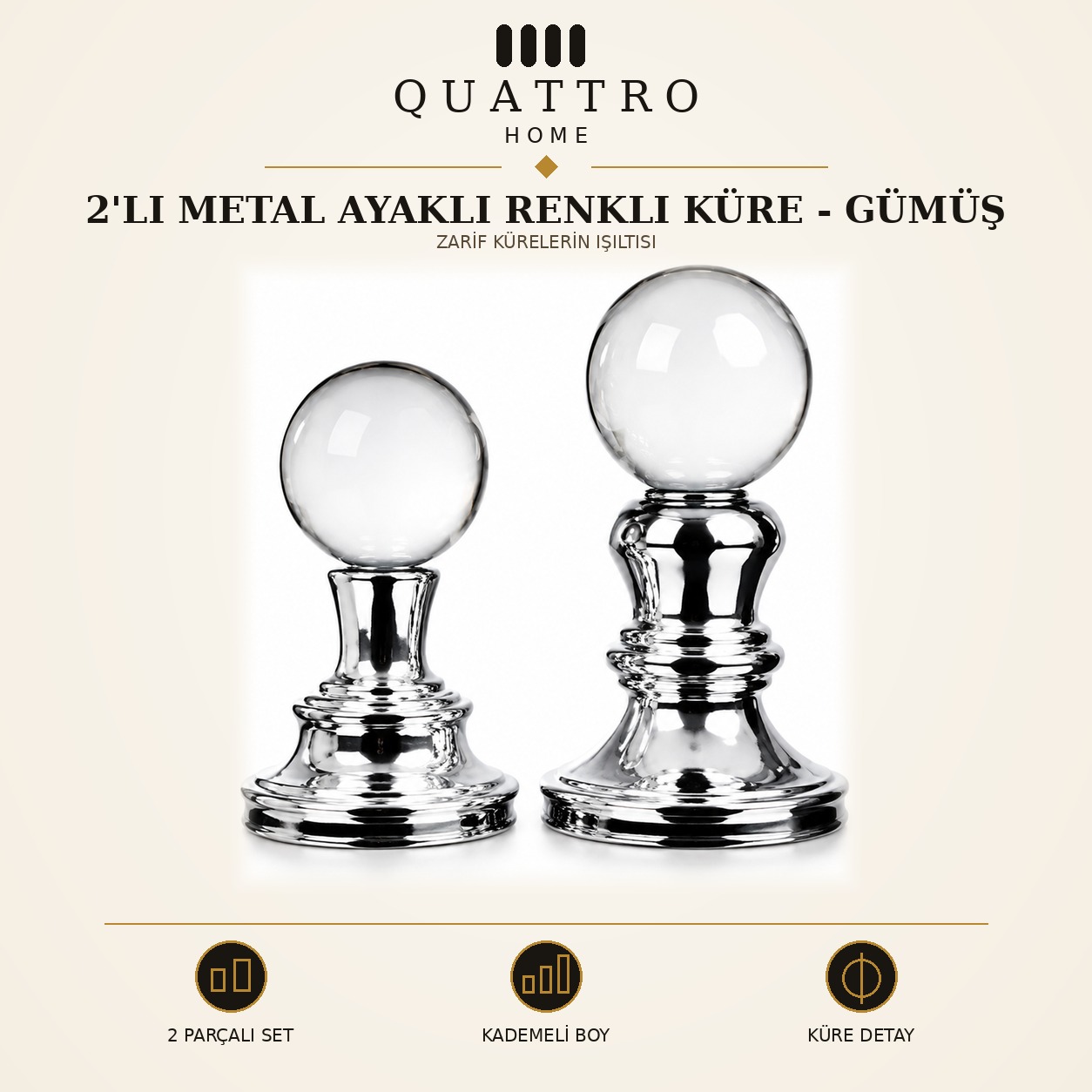2'li Metal Ayaklı Renkli Küre - Gümüş