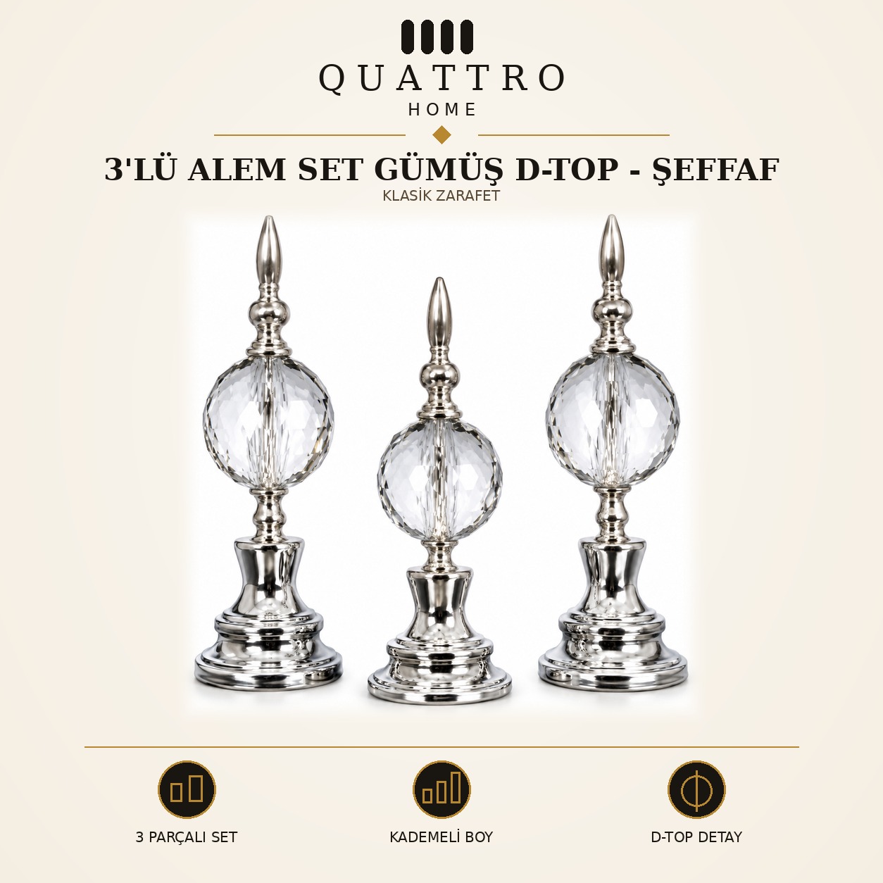 3'lü Alem Set Gümüş D-Top - Şeffaf