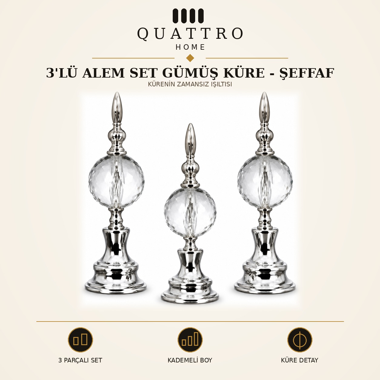 3'lü Alem Set Gümüş Küre - Şeffaf