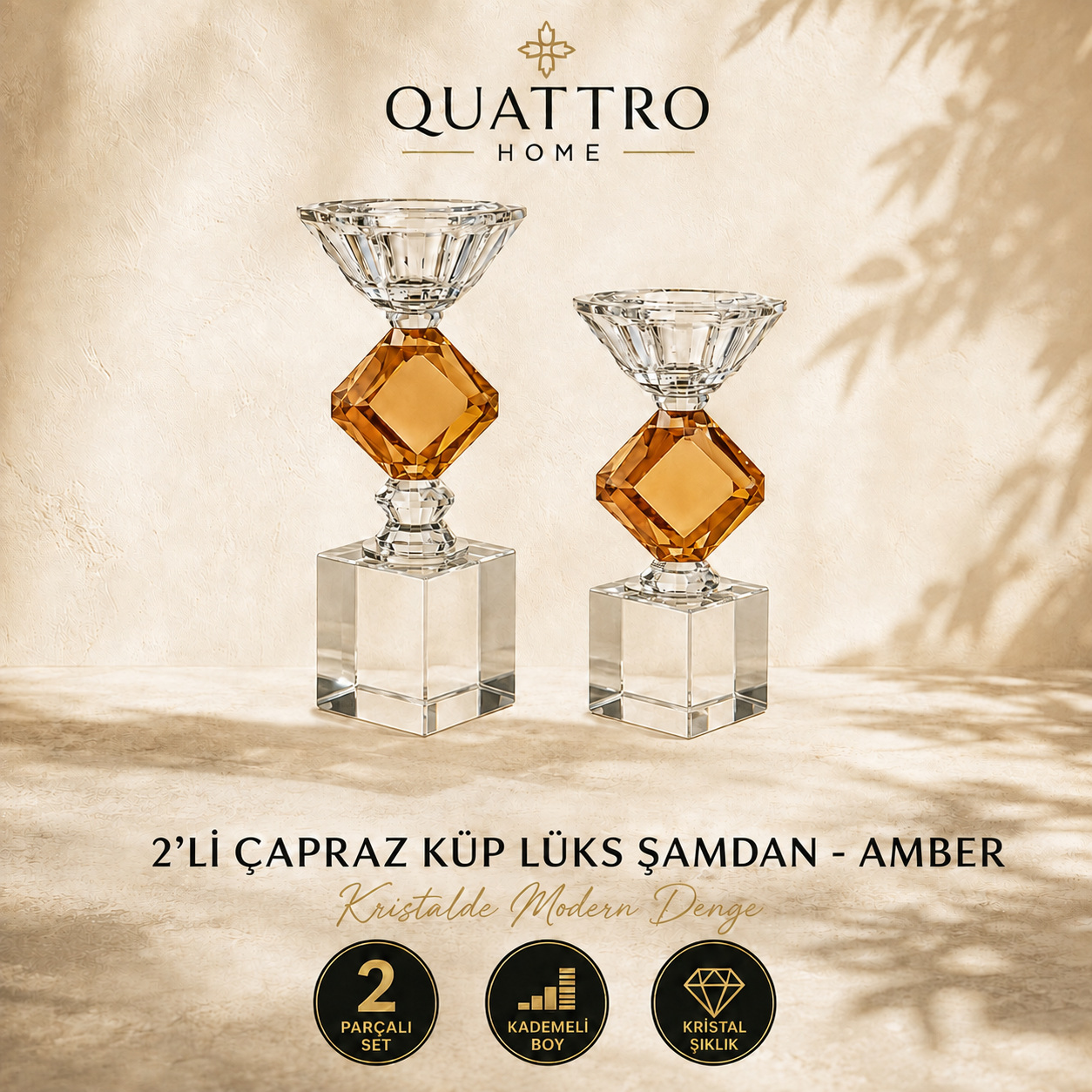 2'li Çapraz Küp Lüks Şamdan - Amber