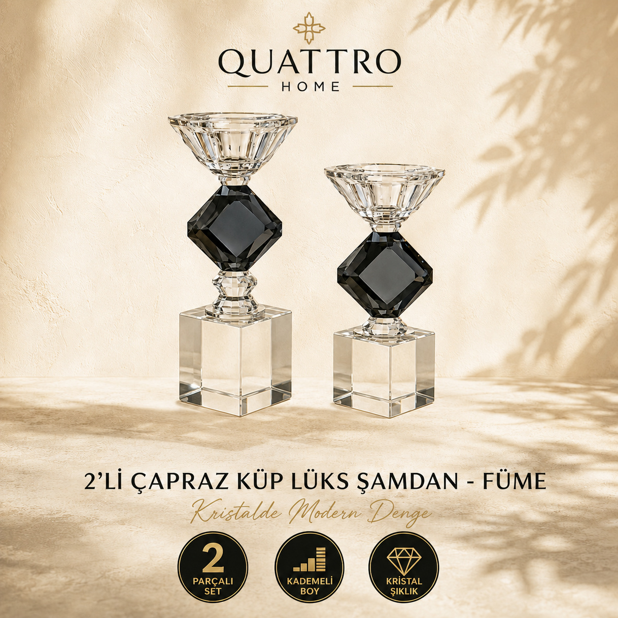 2'li Çapraz Küp Lüks Şamdan - Füme