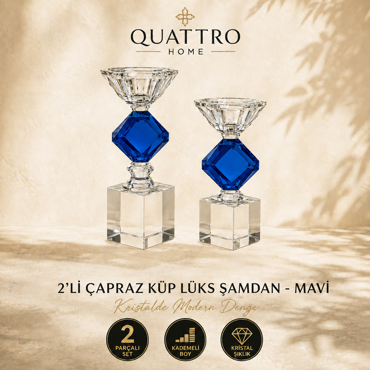 2'li Çapraz Küp Lüks Şamdan - Mavi