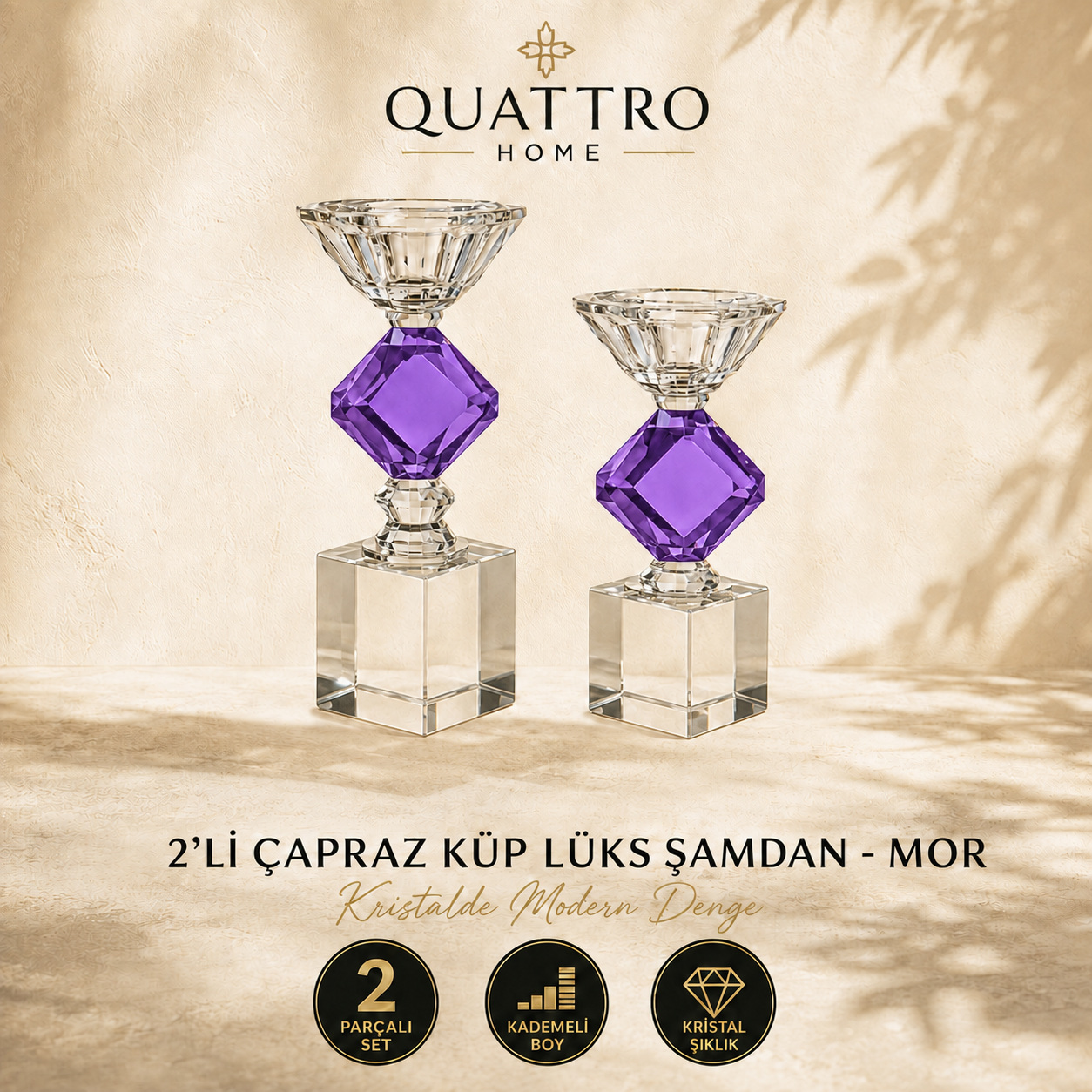 2'li Çapraz Küp Lüks Şamdan - Mor