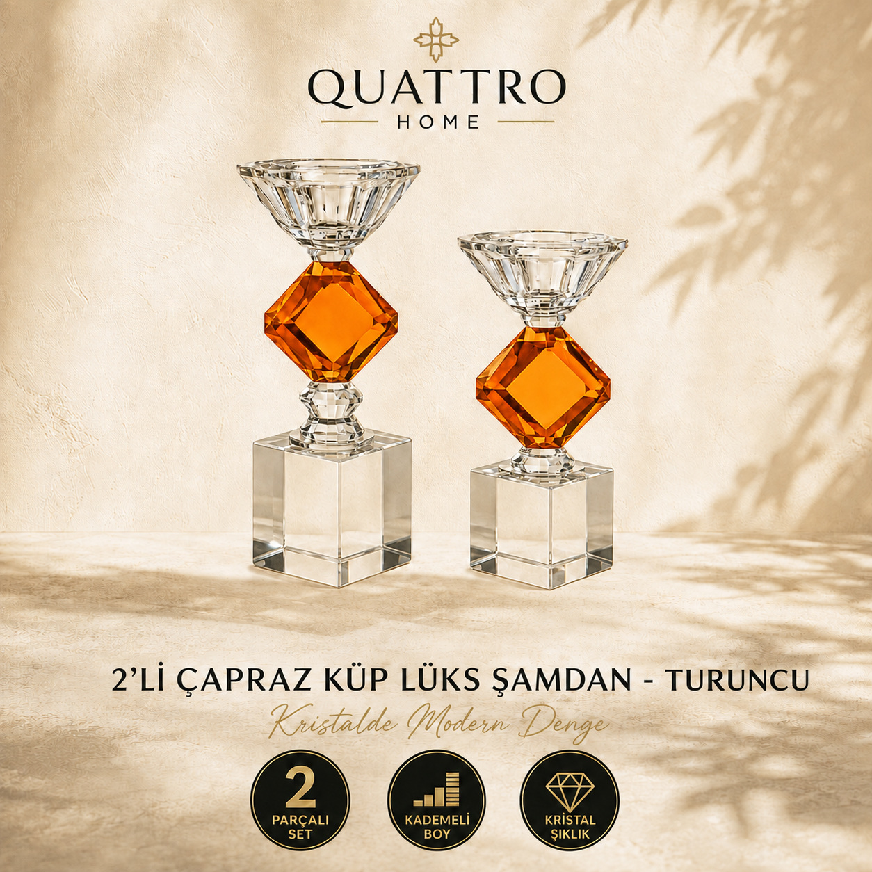 2'li Çapraz Küp Lüks Şamdan - Turuncu