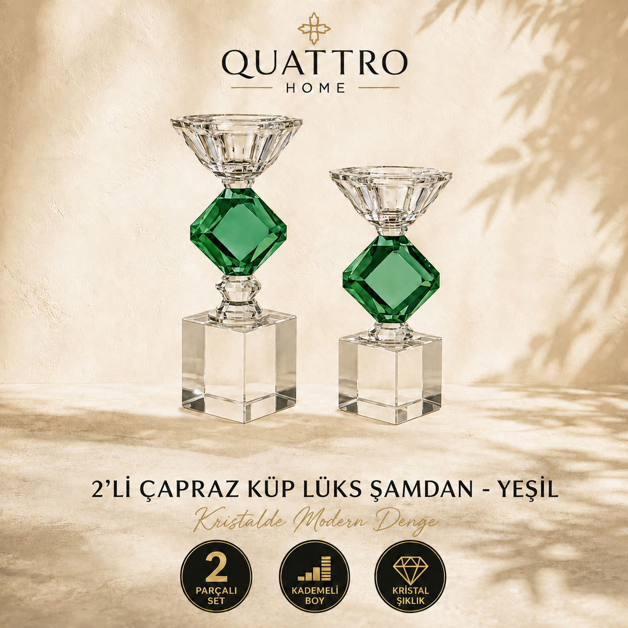 2'li Çapraz Küp Lüks Şamdan - Yeşil