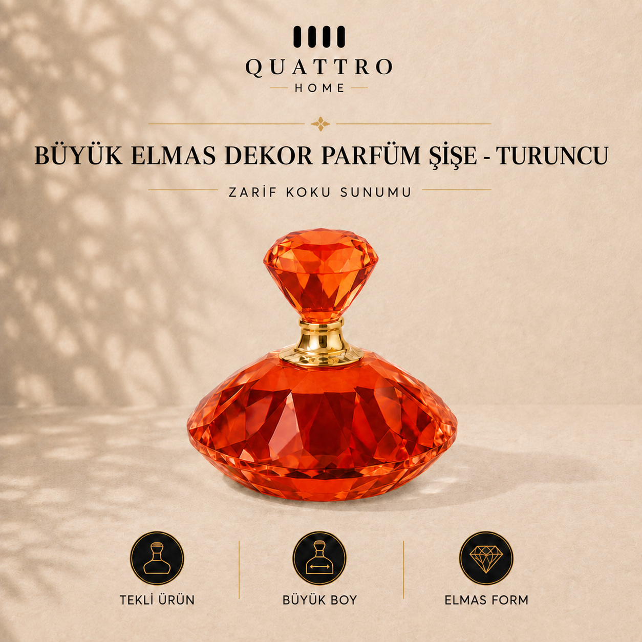 Büyük Elmas Dekor Parfüm Şişe - Turuncu