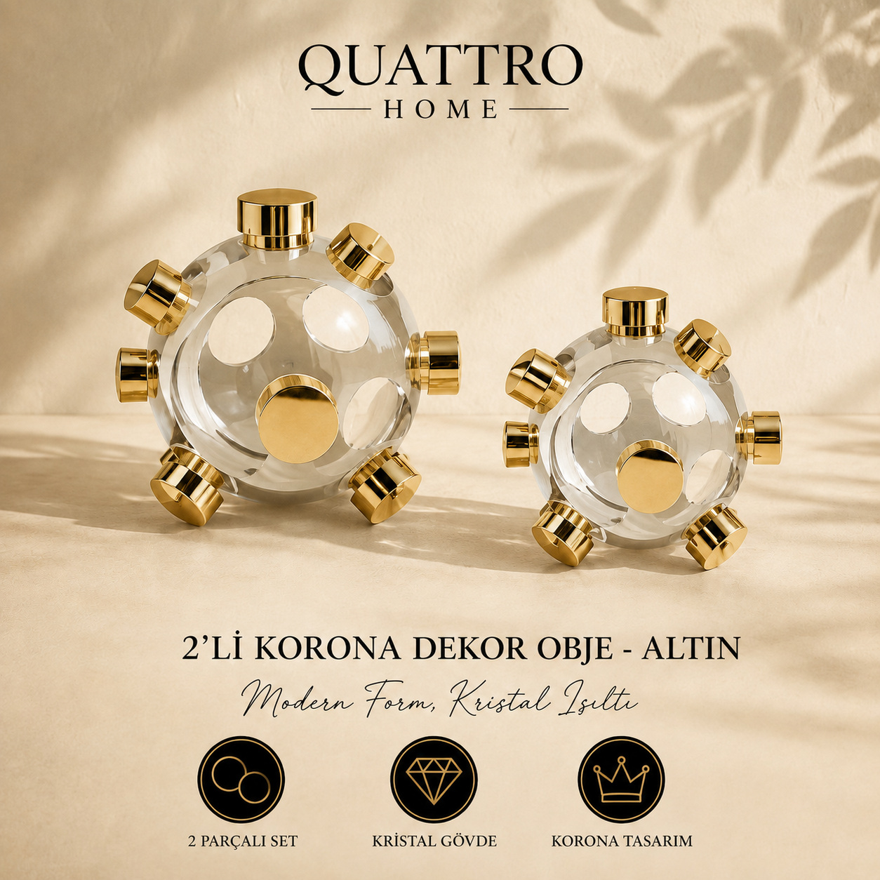 2'li Korona Dekor Obje - Altın