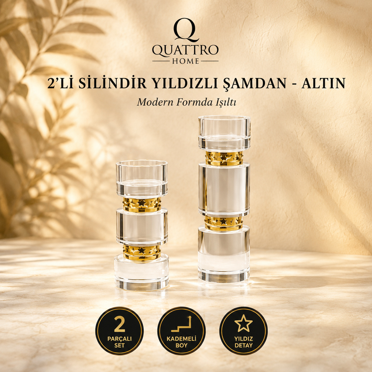 2'li Silindir Yıldızlı Şamdan - Altın