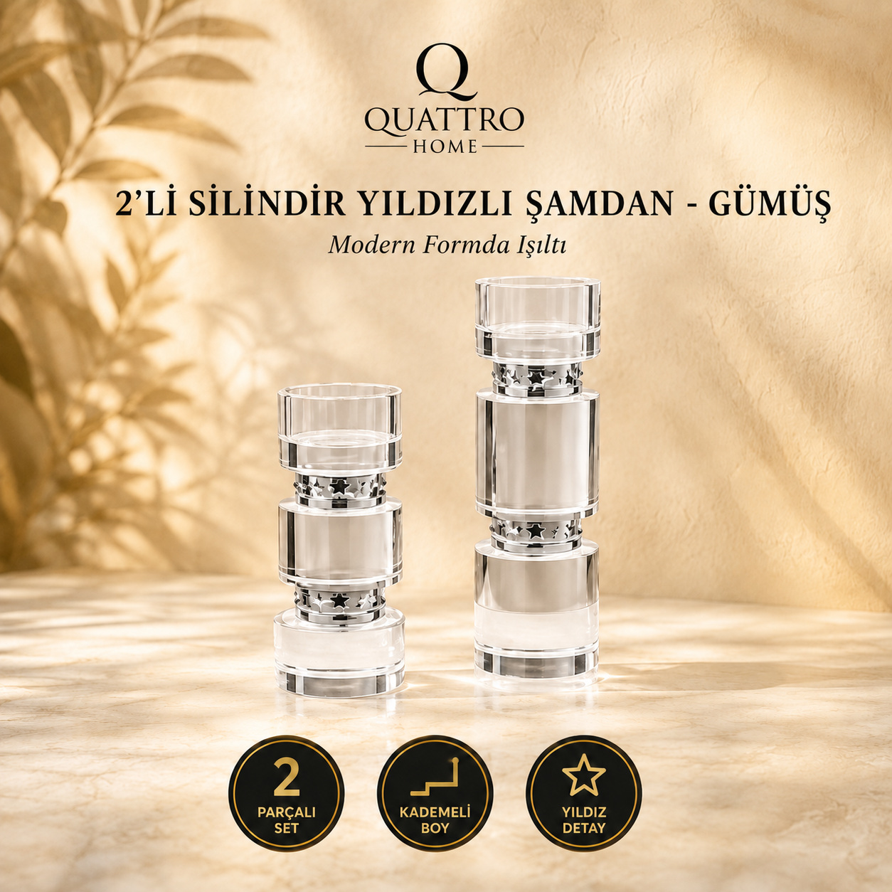 2'li Silindir Yıldızlı Şamdan - Gümüş
