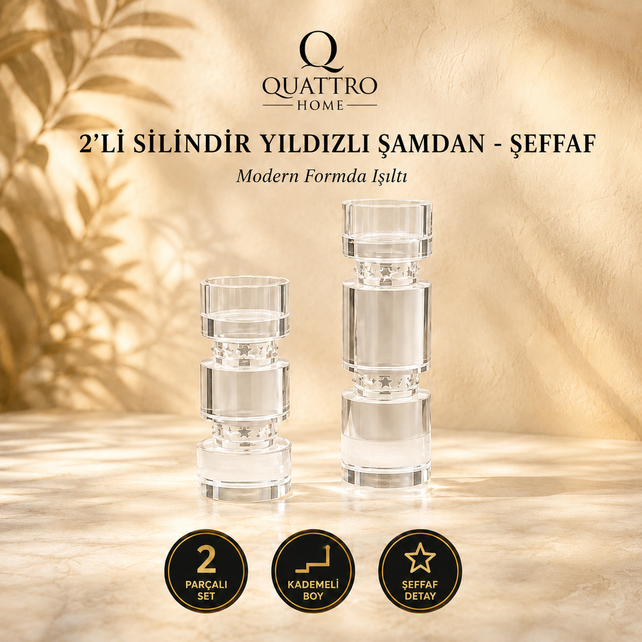 2'li Silindir Yıldızlı Şamdan - Şeffaf