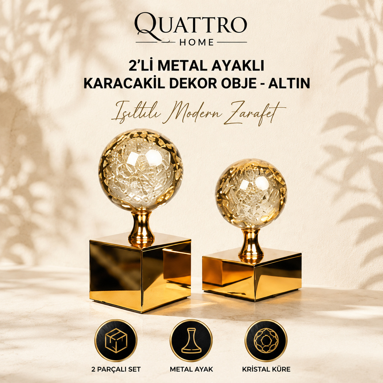2'li Metal Ayaklı Karacakil Dekor Obje - Altın