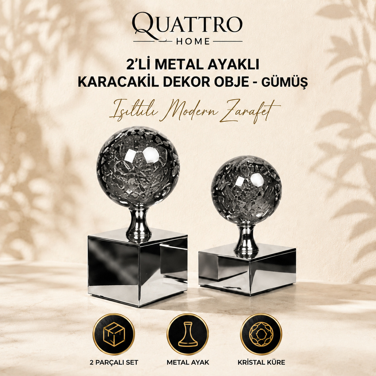 2'li Metal Ayaklı Karacakil Dekor Obje - Gümüş
