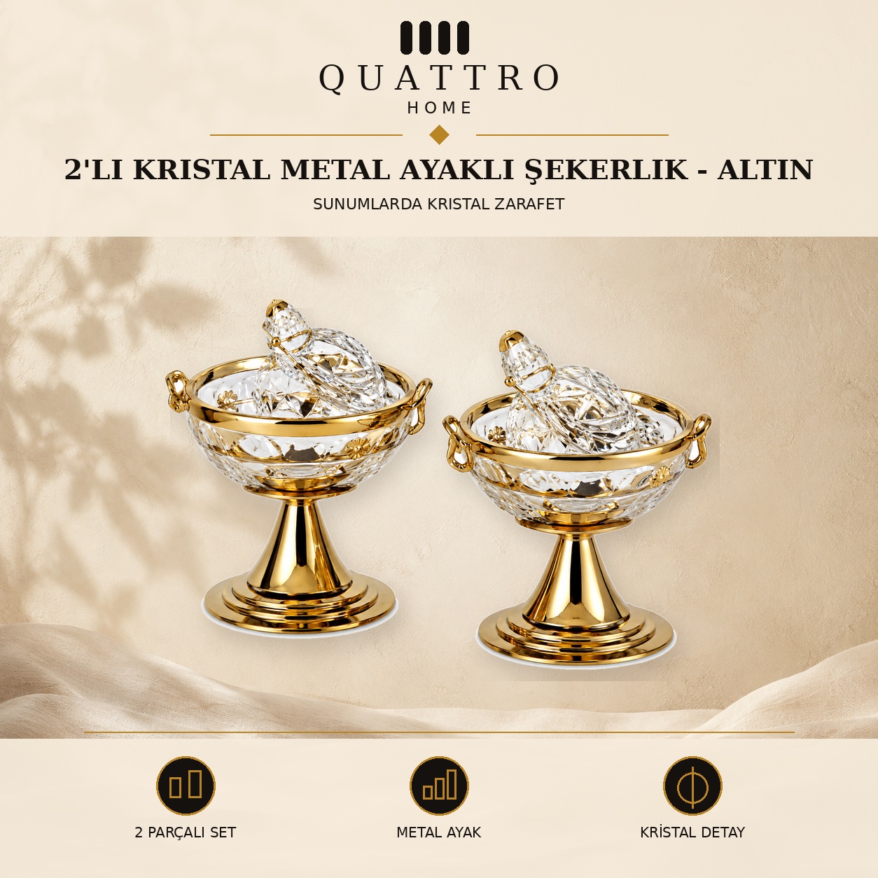 2'li Kristal Metal Ayaklı Şekerlik - Altın