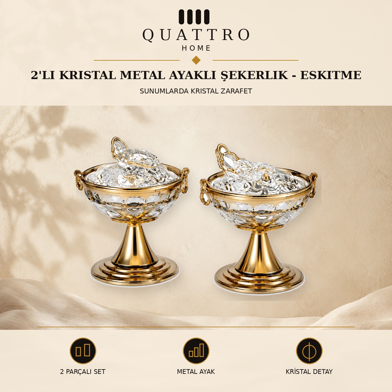 2'li Kristal Metal Ayaklı Şekerlik - Eskitme