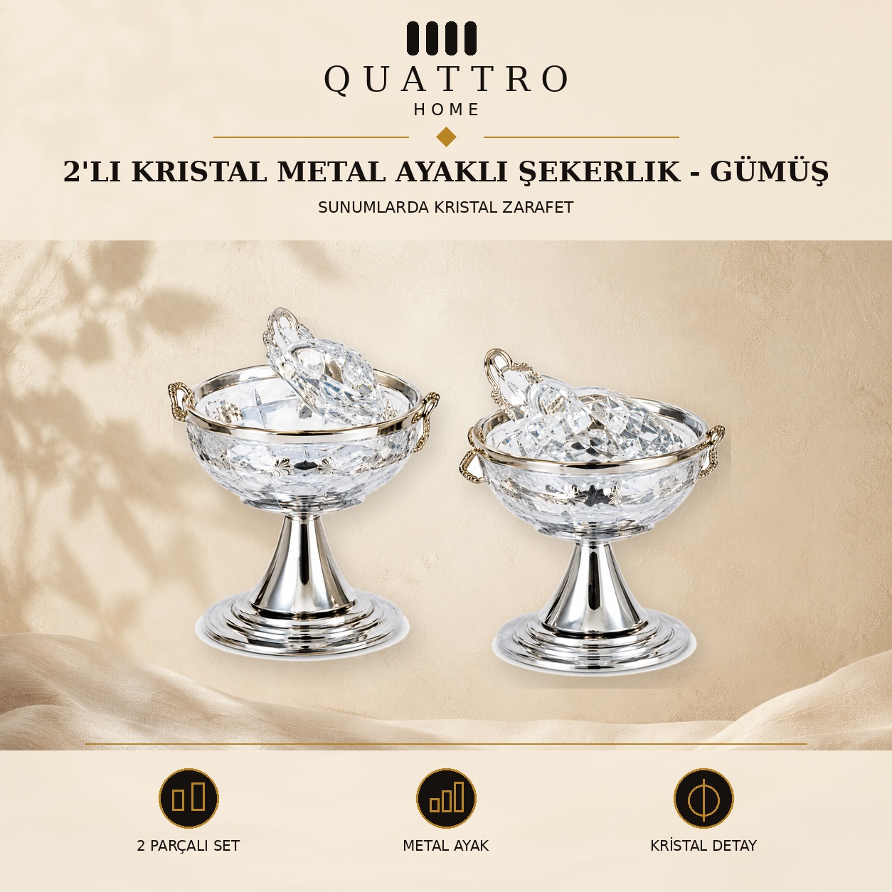 2'li Kristal Metal Ayaklı Şekerlik - Gümüş