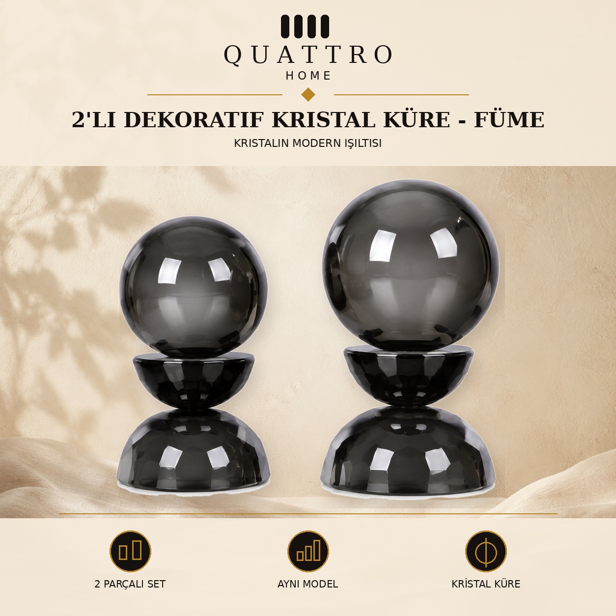 2'li Dekoratif Kristal Küre - Füme