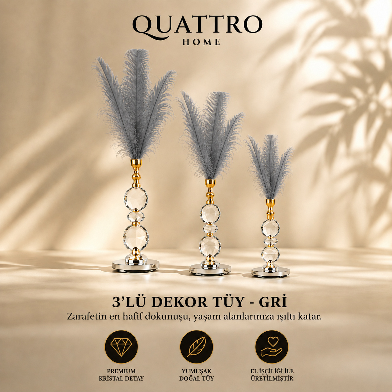 3'lü Dekor Tüy - Gri