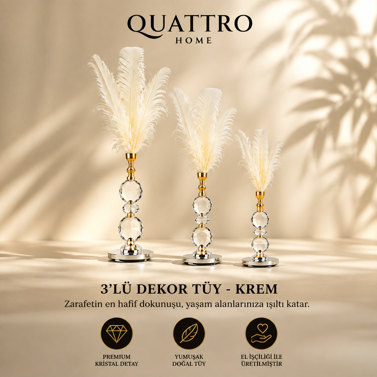 3'lü Dekor Tüy - Krem