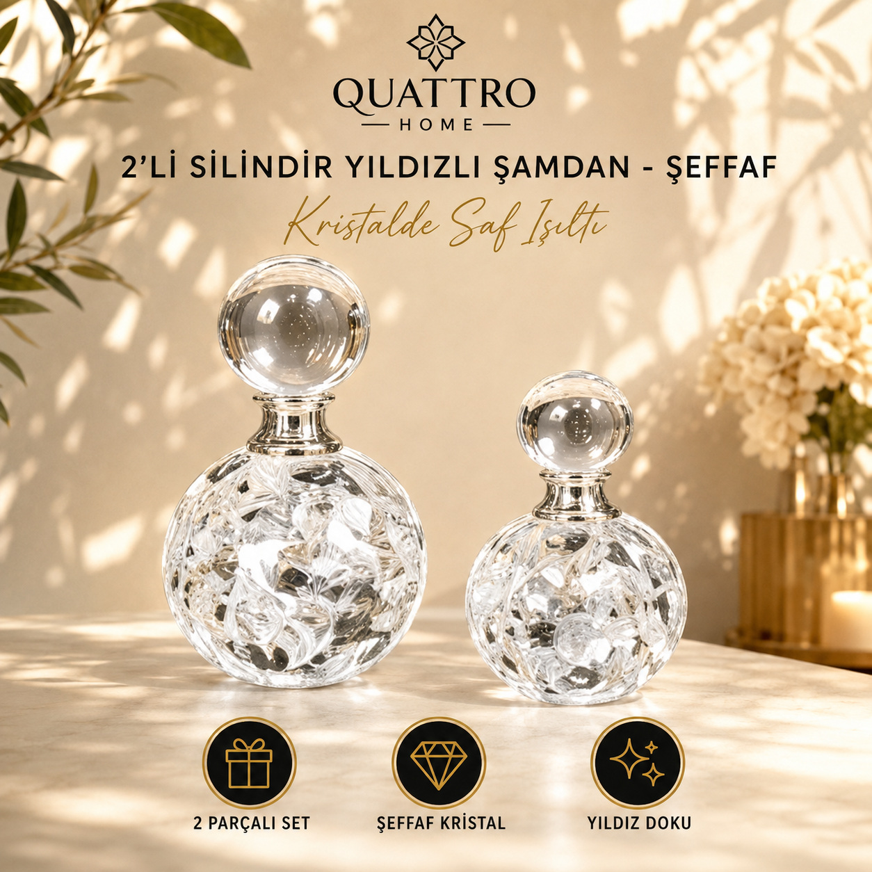 2'li Silindir Yıldızlı Şamdan - Şeffaf