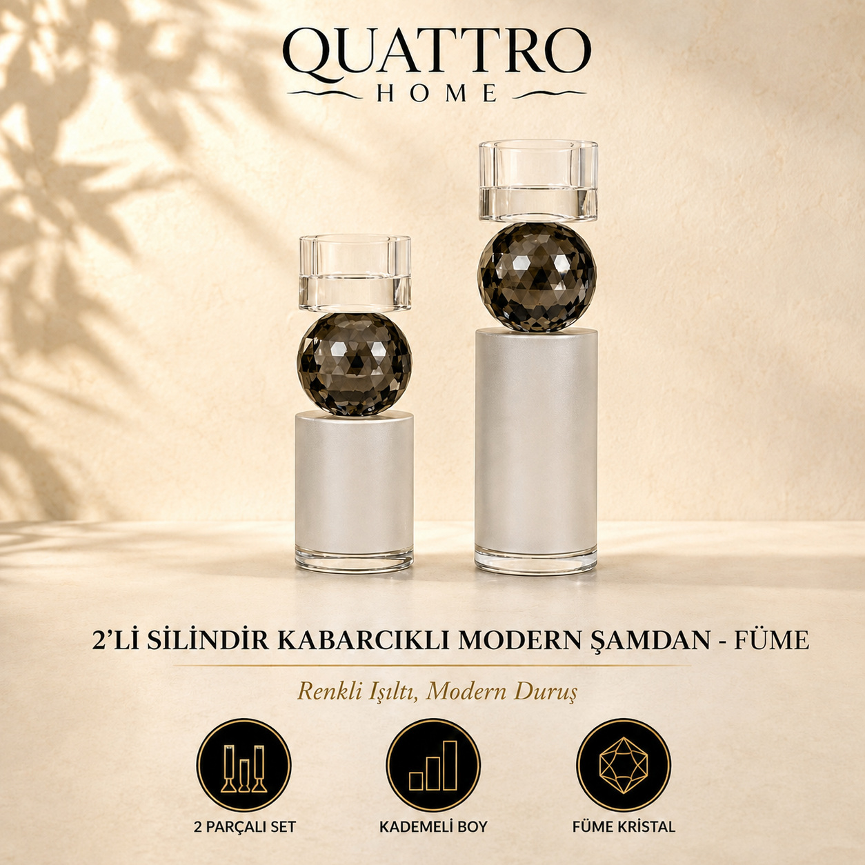 2'li Silindir Kabarcıklı Modern Şamdan - Füme