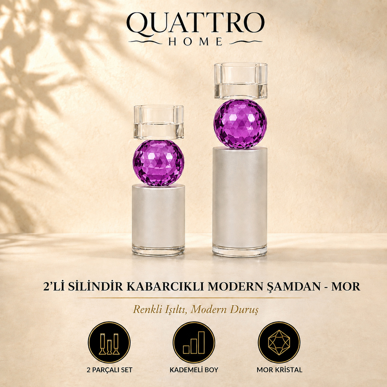 2'li Silindir Kabarcıklı Modern Şamdan - Mor