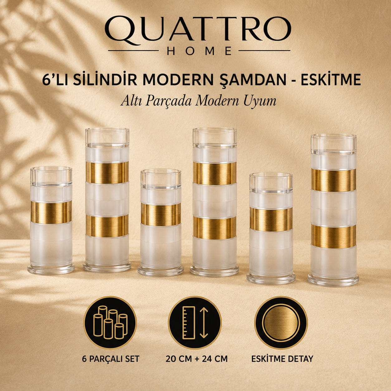 6'lı Silindir Modern Şamdan - Eskitme