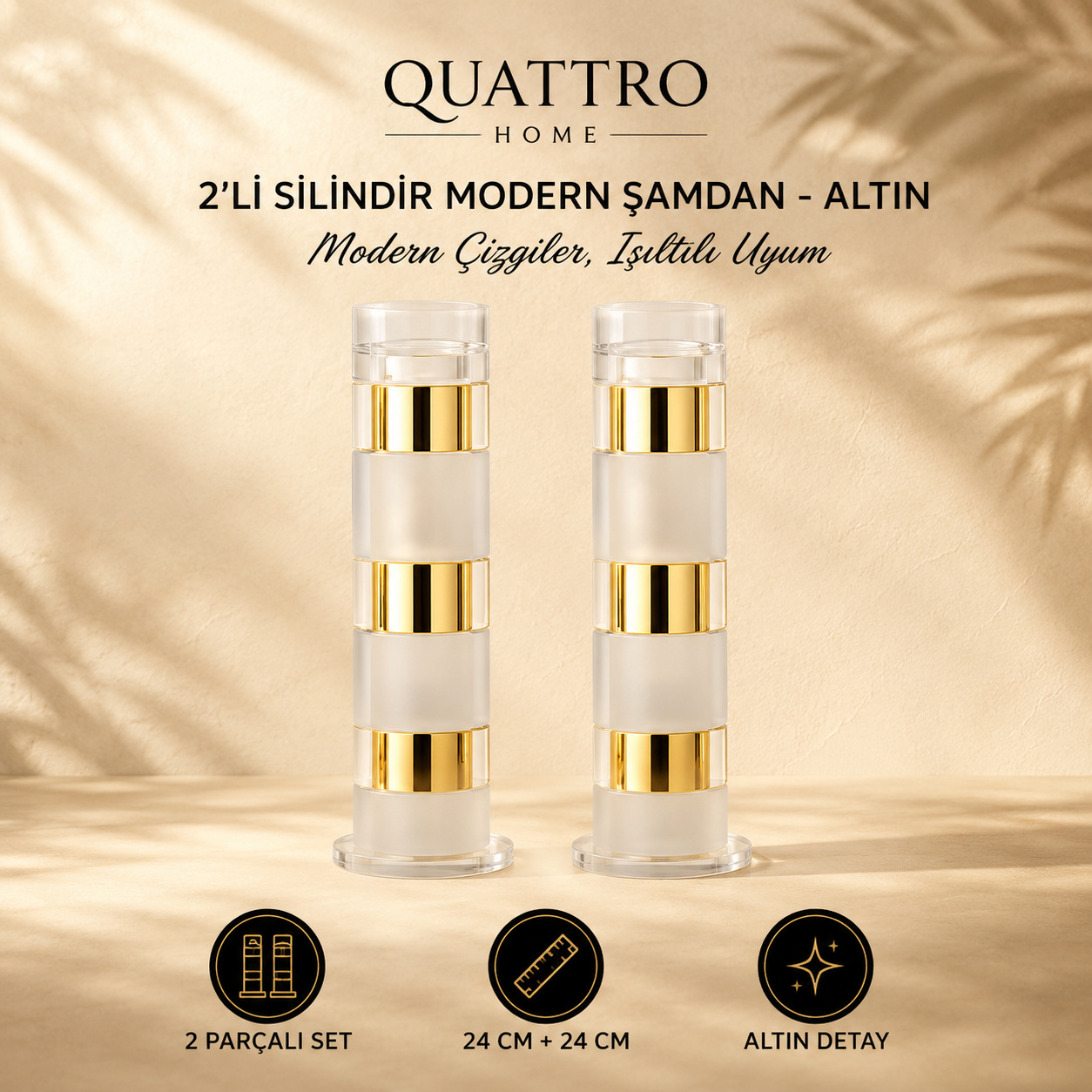 2'li Silindir Modern Şamdan - Altın