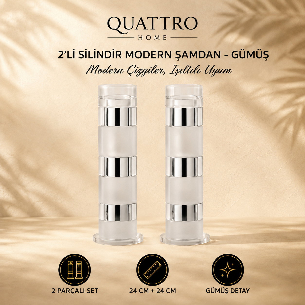 2'li Silindir Modern Şamdan - Gümüş