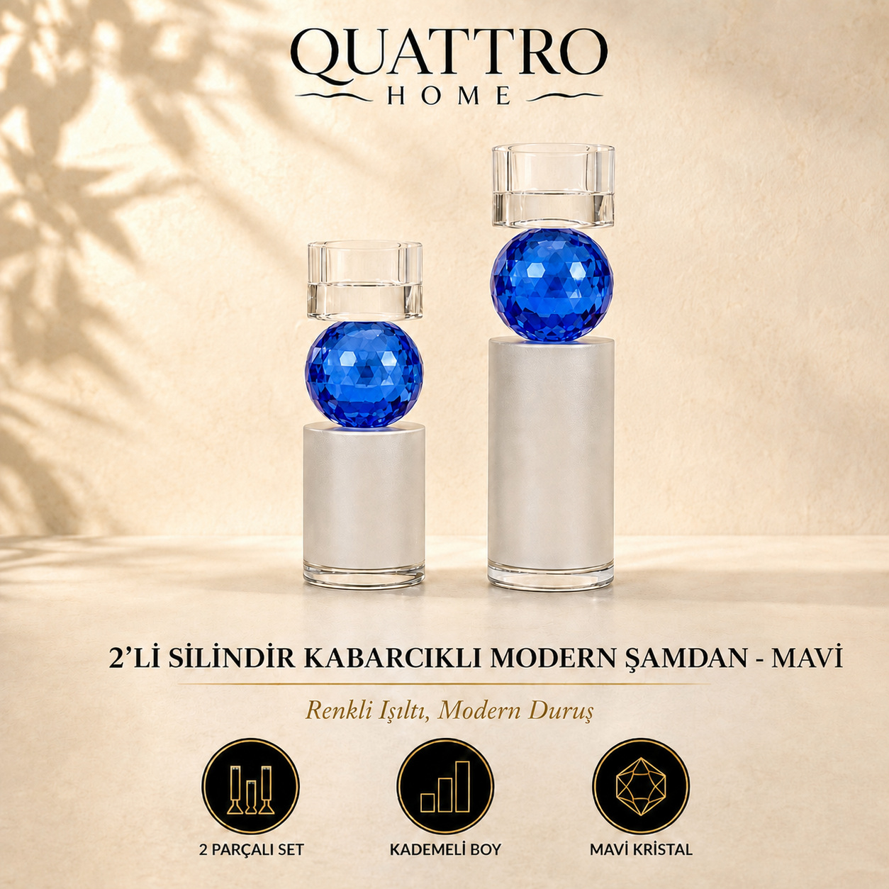 2'li Silindir Kabarcıklı Modern Şamdan - Mavi
