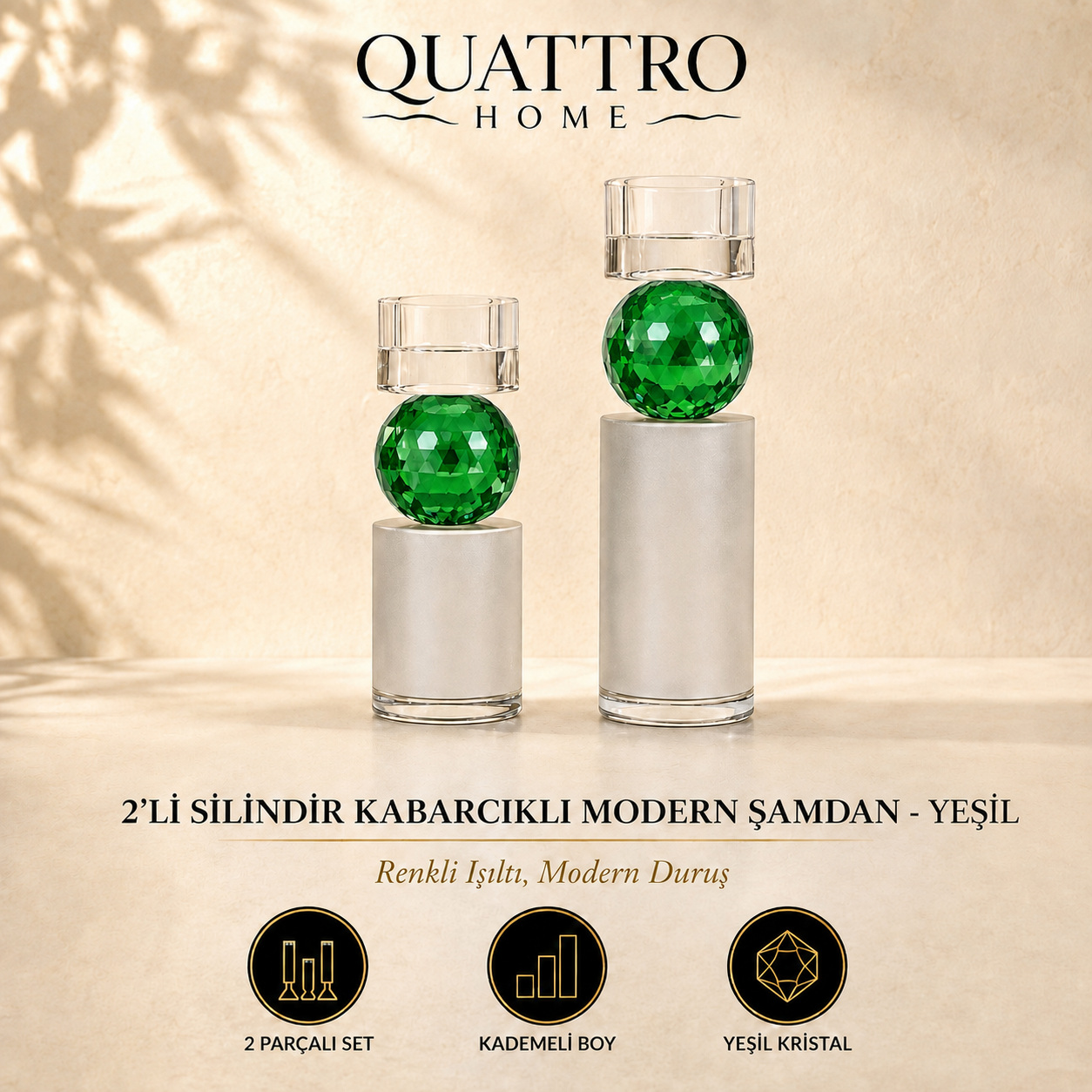 2'li Silindir Kabarcıklı Modern Şamdan - Yeşil