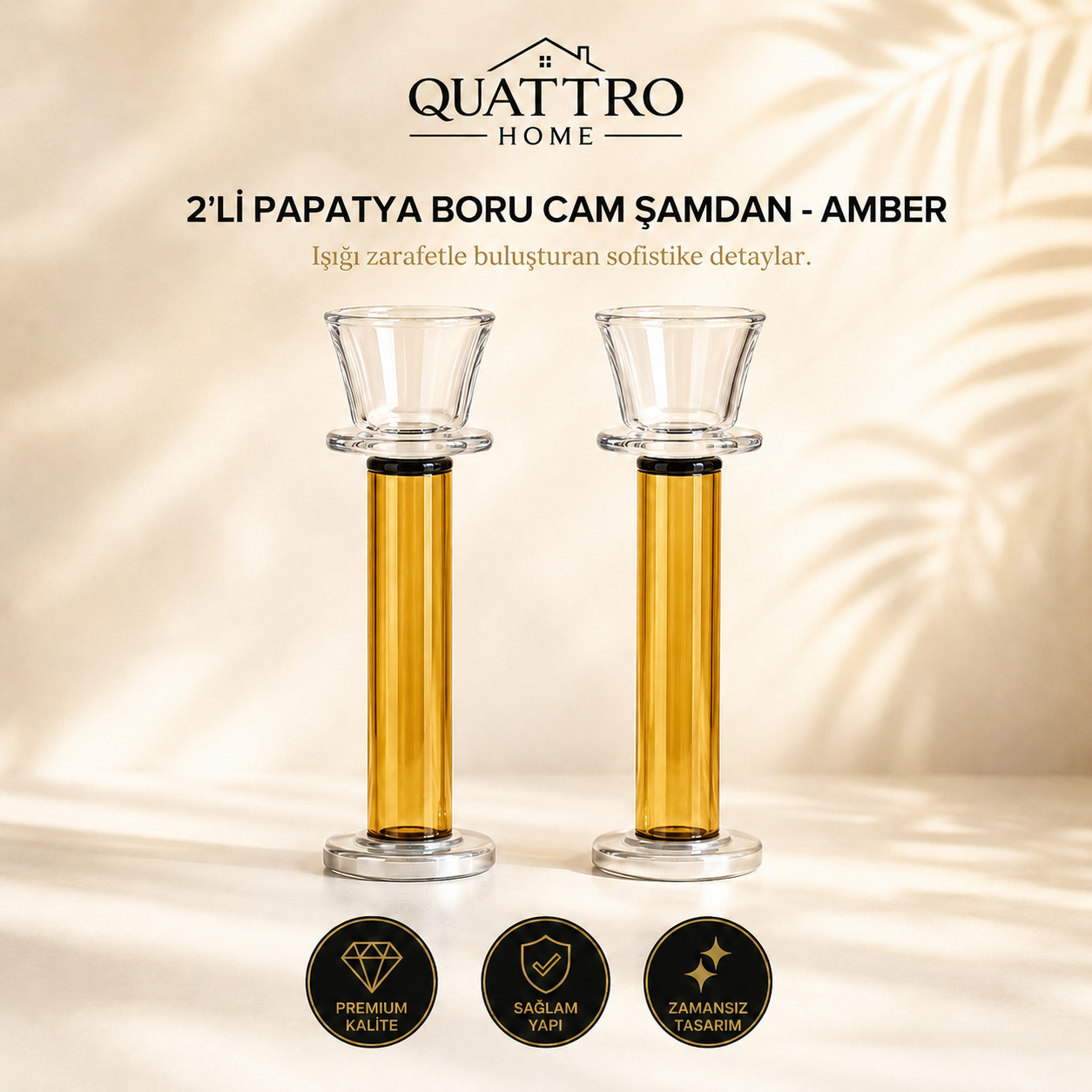 2'li Papatya Boru Cam Şamdan - Amber