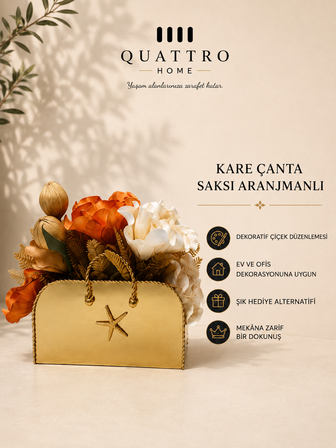 Kare Çanta Saksı Aranjmanlı - Gold Turuncu