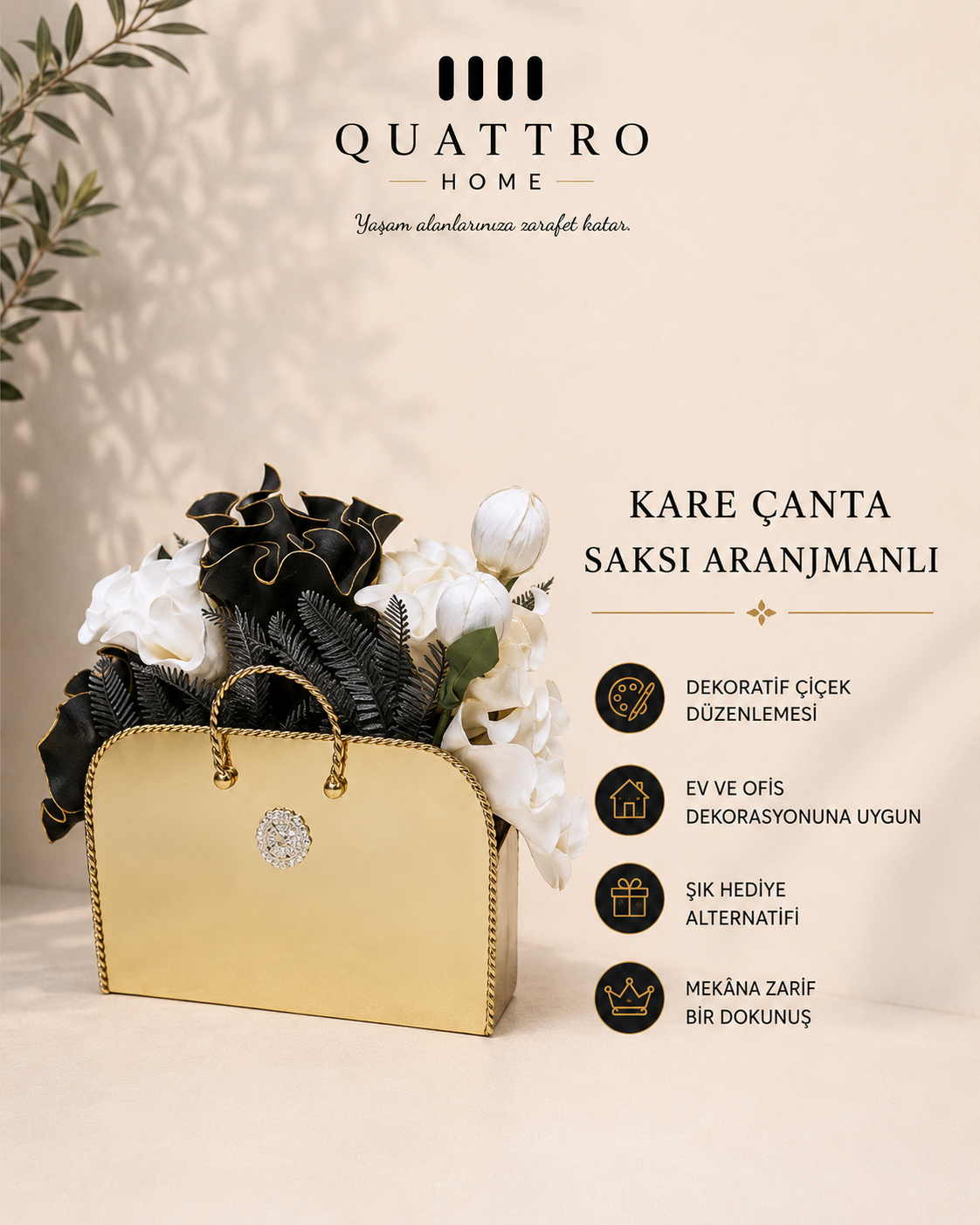 Kare Çanta Saksı Aranjmanlı - Gold Siyah