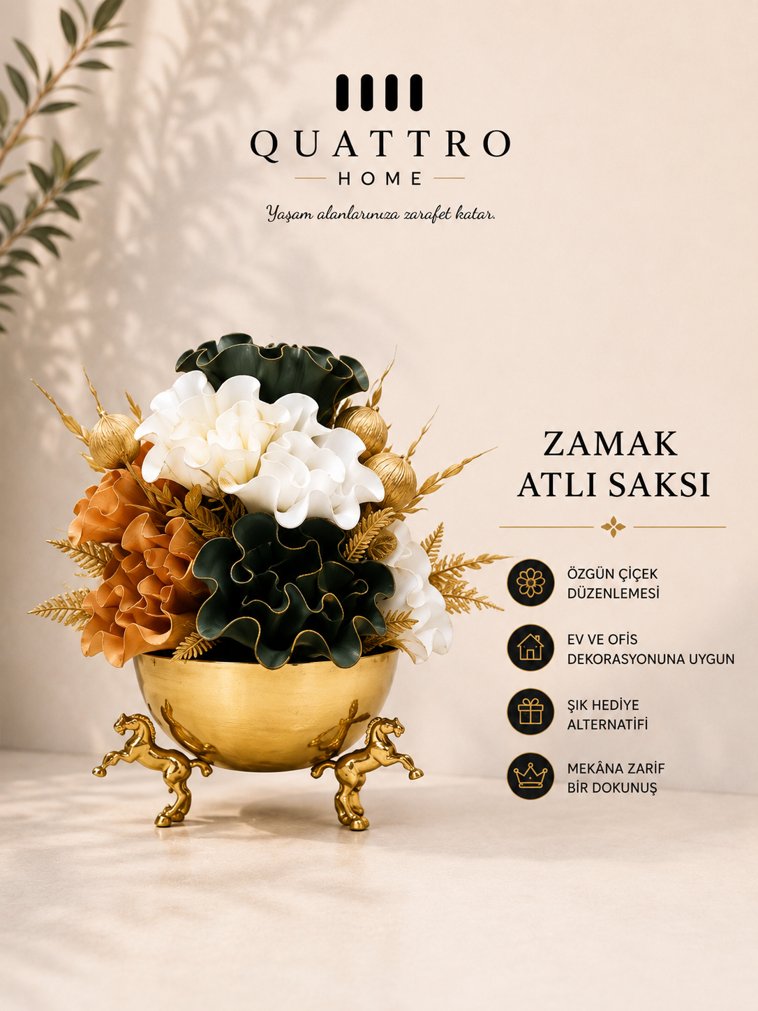 Zamak Atlı Saksı Aranjmanlı - Gold