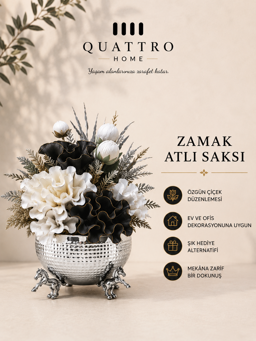 Zamak Atlı Saksı Aranjmanlı - Gümüş